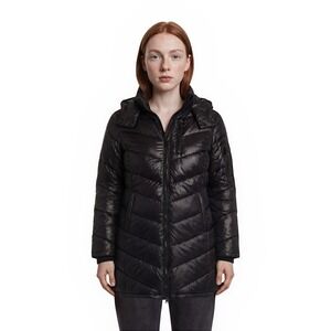 Andrew Marc Puffer Jacket Women's Size Large Black Packable Down Parka Coat Hood